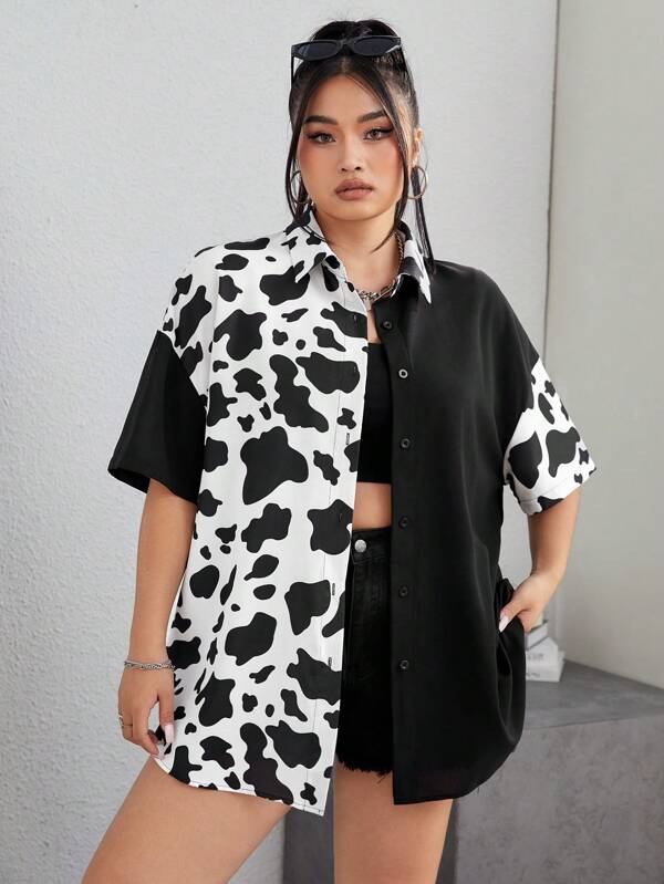 SHEIN Coolane Damen Große Größen Sommer T-Shirt mit Kuh Kontrast Schwarz-Weiß Muster
