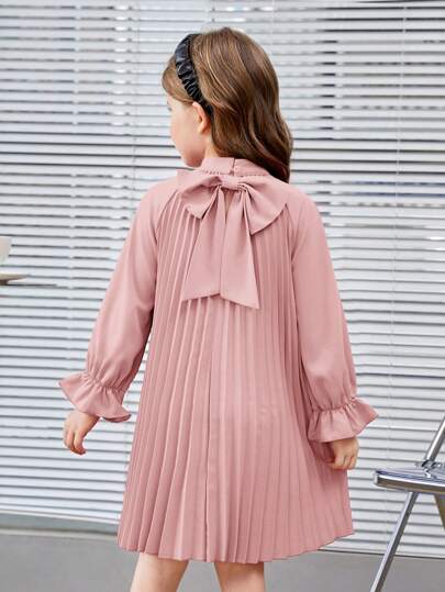 SHEIN Leap Crew Young Girl Vintage Loose Fit A-Line Dress With Bowknot Decoration, Pleated Long Sleeve