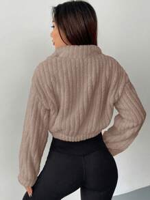 SHEIN EZwear Women'S Zipper Plush Half Zip Sweatshirt - Brown - View 2