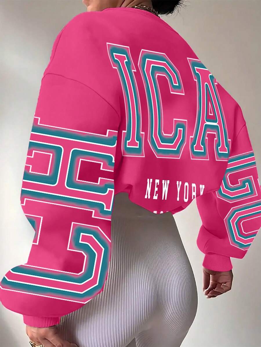 INAWLY Letter Print Drop Shoulder Loose Sweatshirt Pullover Fall Outfit - Hot Pink - View 1