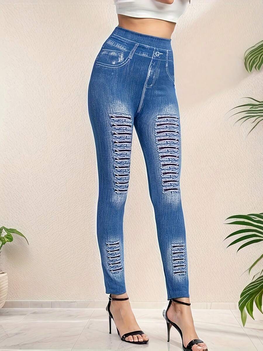 Denim Effect Leggings - Baby Blue - View 1