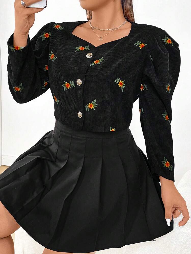 Plus Size Women'S Floral Embroidery Leg Of Mutton Sleeve Shirt
