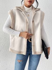 SHEIN Frenchy 1件 Teddy 毛絨內襯釦扣夾克 - 杏色 - 查看 5