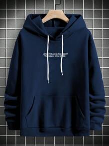 Manfinity Men Plus Slogan and Hand Print Kangaroo Pocket Drawstring Hoodie - Black - View 2