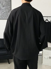 Claim Dot 男士春夏秋季休闲中国风纯色韩版时尚纽扣长袖立领衬衫，适合外出，秋季 - 黑色 - 查看 2