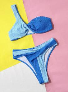 SHEIN Swim 女士单肩拼色分体比基尼套装夏季海滩 - 藍色 - 查看 3