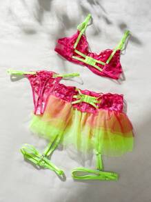 SHEIN Conjunto De Lencería Sexy De Malla Bordada En Forma De Corazón De San Valentín Para Mujeres - Rosa Fucsia - Ver 2