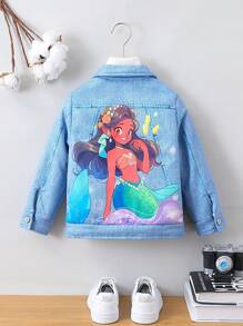 SHEIN Young Girl Figure Graphic Denim-Effect Print Jacket - Medium Wash - View 2