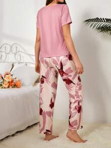 Women'S Round Neck Short Sleeve Top And Floral Printed Pants Pajama Set - Multicolor - View 2