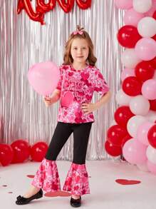 SHEIN Little Girls' Heart Printed T-shirt And Flared Pants Two Piece Set - Red and White - View 3