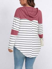 EMERY ROSE 加大码条纹撞色连帽长袖T恤，带抽绳，印花图案，女士上衣，适合春秋季穿着。 - 彩色 - 查看 2