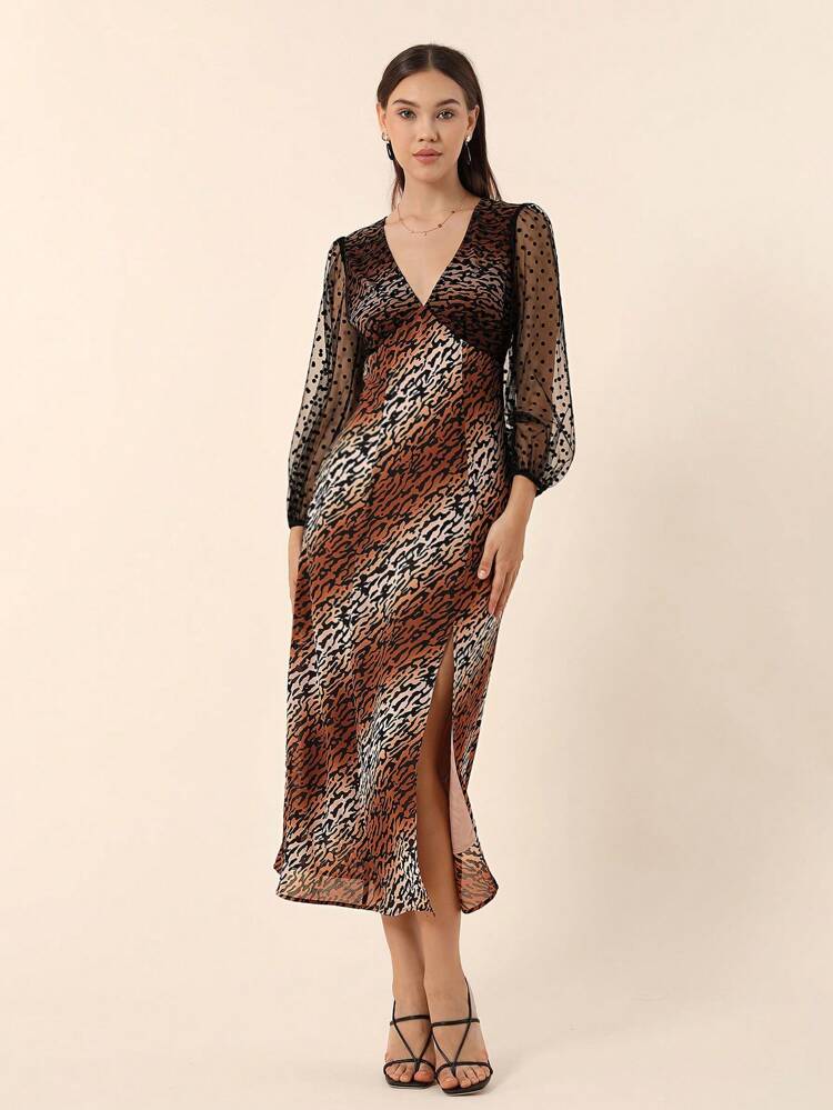 Women'S Polka Dot Sheer Mesh Side Slit Dress