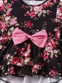 小女孩花卉印花上衣配蝴蝶結裝飾和純色打底褲2件套 - 彩色 - 查看 3