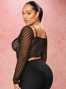 SHEIN BAE Kích thước lớn Của phụ nữ Lưới Quần skinny Áo - màu đen - Xem 3