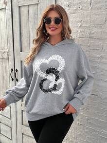 SHEIN LUNE Plus Size Women'S Heart Print Sweatshirt - Light Grey - View 3