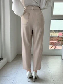 SHEINNeu High-Waisted Slant Pocket Trousers - Khaki - View 2