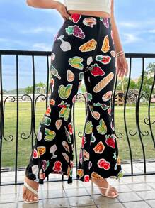 Flirla 大尺碼女款食品印花喇叭褲 - 彩色 - 查看 5