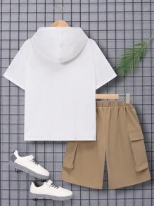 SHEIN Leap Crew Tween男孩寬鬆休閒連帽字母圖案2合1t恤和短褲套裝 - 卡其色 - 查看 2