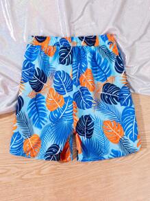 青少年男孩藍色多彩香蕉葉印花束腰沙灘短褲，父母親子裝（三件分開售賣）