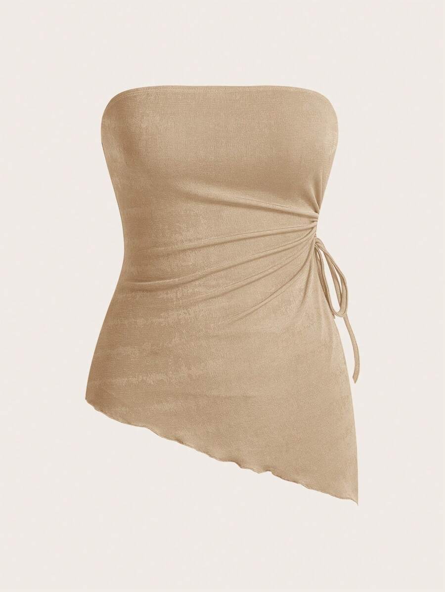 SHEIN EZwear Dây rút & Viền không đối xứng & Trâm cài Trang trí Dệt kim Áo - Màu Khaki - Xem 1