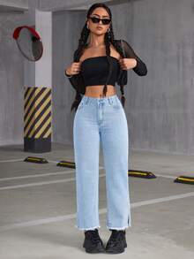 SHEIN ICON 女仿舊破洞下擺牛仔褲 - 淺色水洗藍 - 查看 2