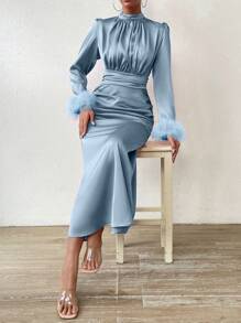 Rafferiza Fuzzy Sleeve Cuff & Pleated Detail Satin Bodycon Dress Maxi Women Outfit Fall Cloth For Women - Light Wash - View 4