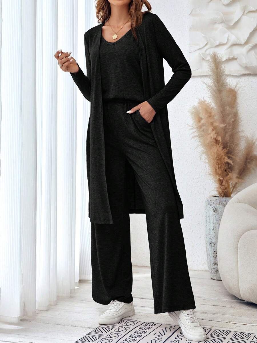 SHEIN LUNE 女款純色吊帶背心上衣、褲子和夾克三件套 - 黑色 - 查看 1