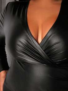 Slaydiva Women'S Plus Size Deep V-Neck Wrapped Ruched Dress - Black - View 6