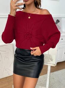 SHEIN Clasi Flower Embellished Stand Collar Long Sleeve Sweater - Burgundy - View 1