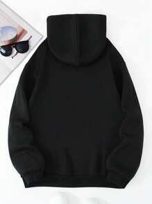 Men'S Slogan Print Fleece Hoodie With Drawstring - Black - View 2