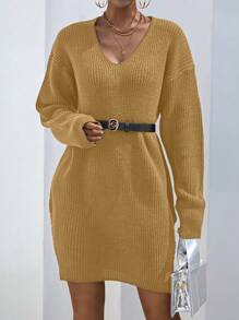 SHEIN Essnce V領下肩毛衣連衣裙,不帶腰帶 - 駝色 - 查看 1