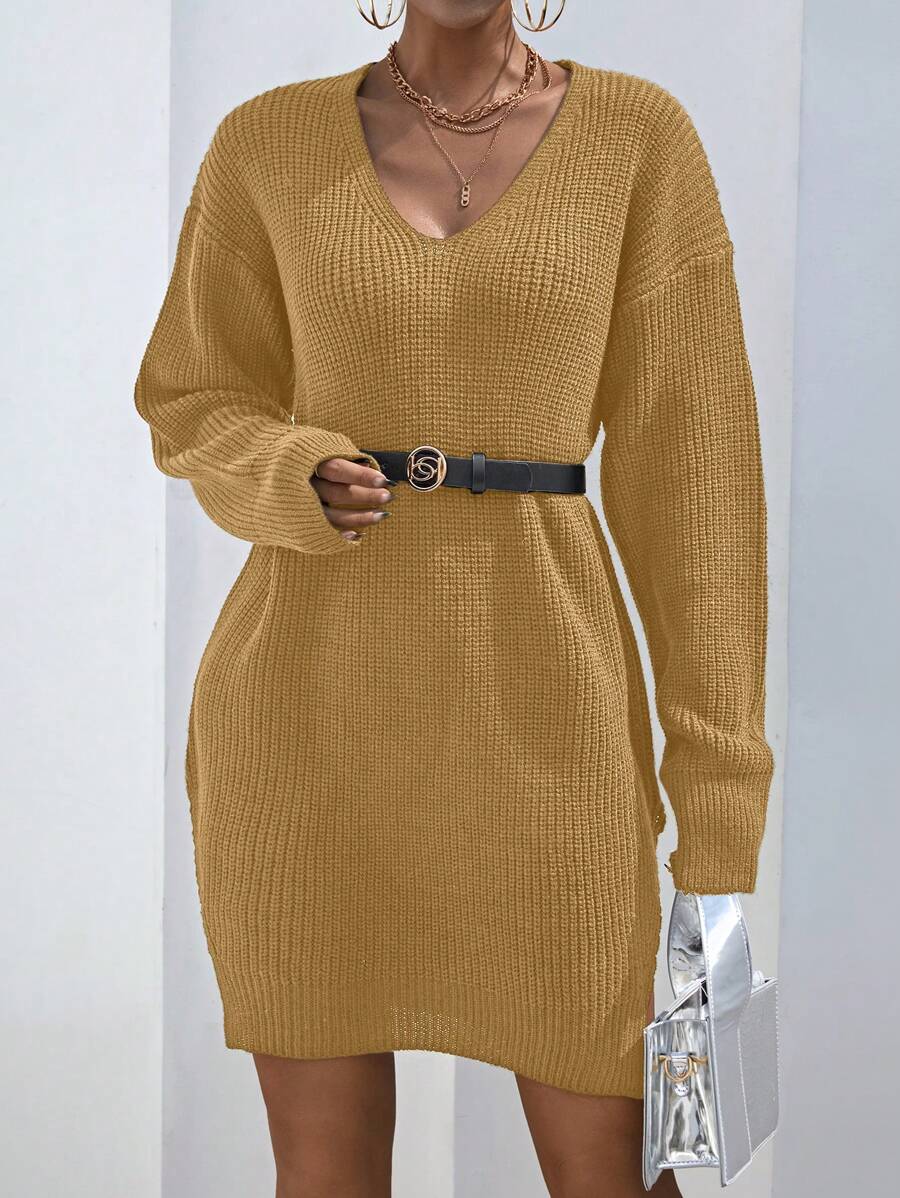 SHEIN Essnce V領下肩毛衣連衣裙,不帶腰帶 - 駝色 - 查看 1