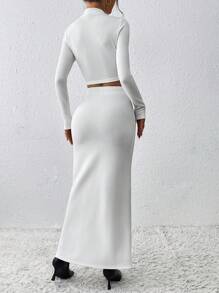 SHEIN Essnce 立領長袖短款t恤和裙子套裝 - 白色 - 查看 4