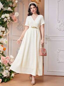 Modelyn 女士系带连衣裙，优雅晚会礼服长款晚礼服 - 杏色 - 查看 3