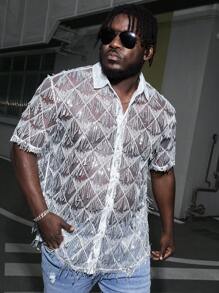 GENTILAND 男款大尺碼亮片拼布流蘇飾邊休閒短袖襯衫 - 白色 - 查看 5