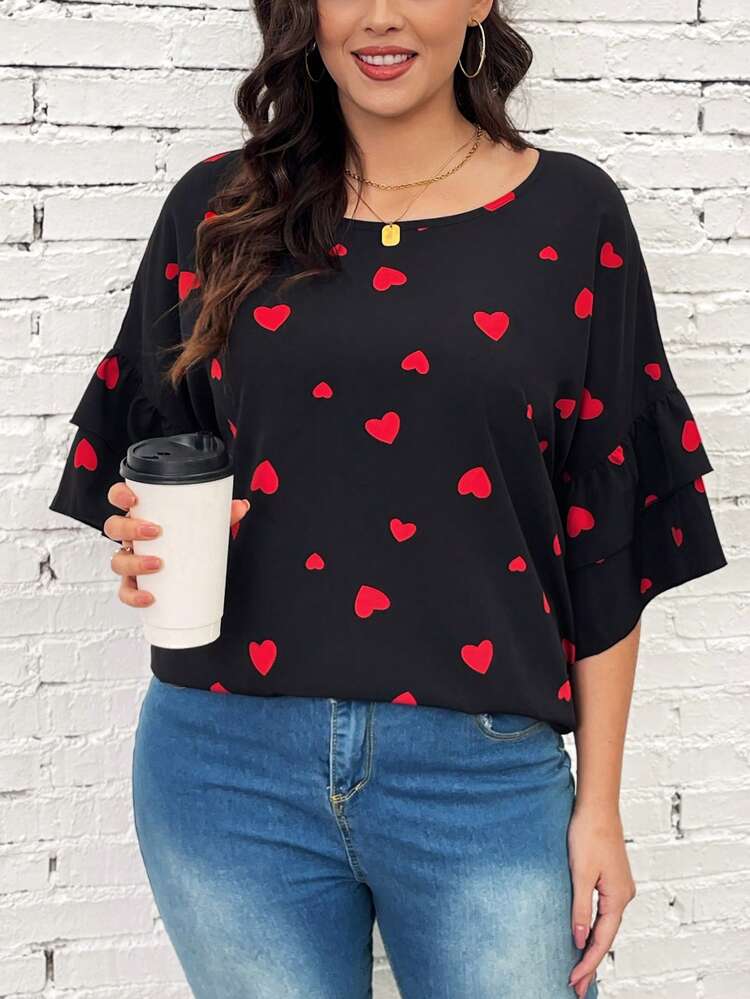 Plus Size Valentine's Day Shirt, Lady Date & Party Red Heart Blouse