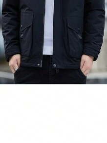 男式纯色连帽抽绳夹棉大衣 - 黑色 - 查看 3