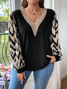 SHEIN Franclia 女士燈籠袖人字紋v領t卹 - 黑色 - 查看 1