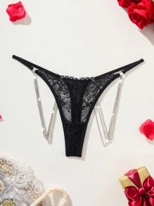 SHEIN 蕾絲丁字褲配鏈條裝飾的女士內衣 - 黑色 - 查看 1