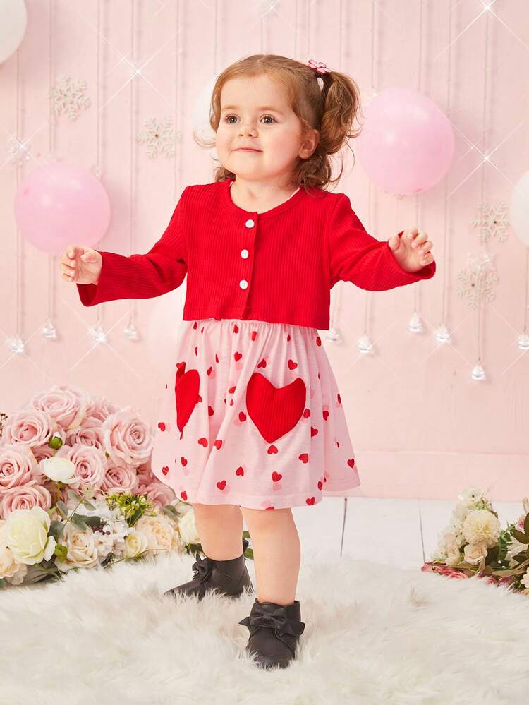 2pcs/set Baby Girls' Casual Cute Heart Pattern Printed Outfits