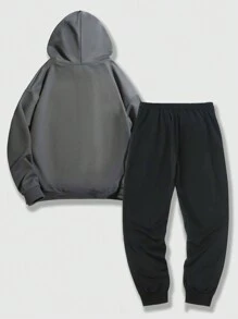 ROMWE MEN Goth 男士字母和棕櫚樹印花連帽運動衫和運動褲套裝 - 灰色 - 查看 2