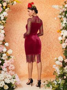 SHEIN Clasi 女用蕾絲拼接鏤空連身裙 - 紅色 - 查看 7