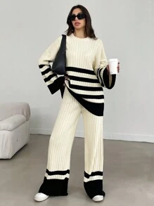 RueChic Women's Striped Drop Shoulder Sweater And Knitted Pants Two-Piece - Beige - View 3
