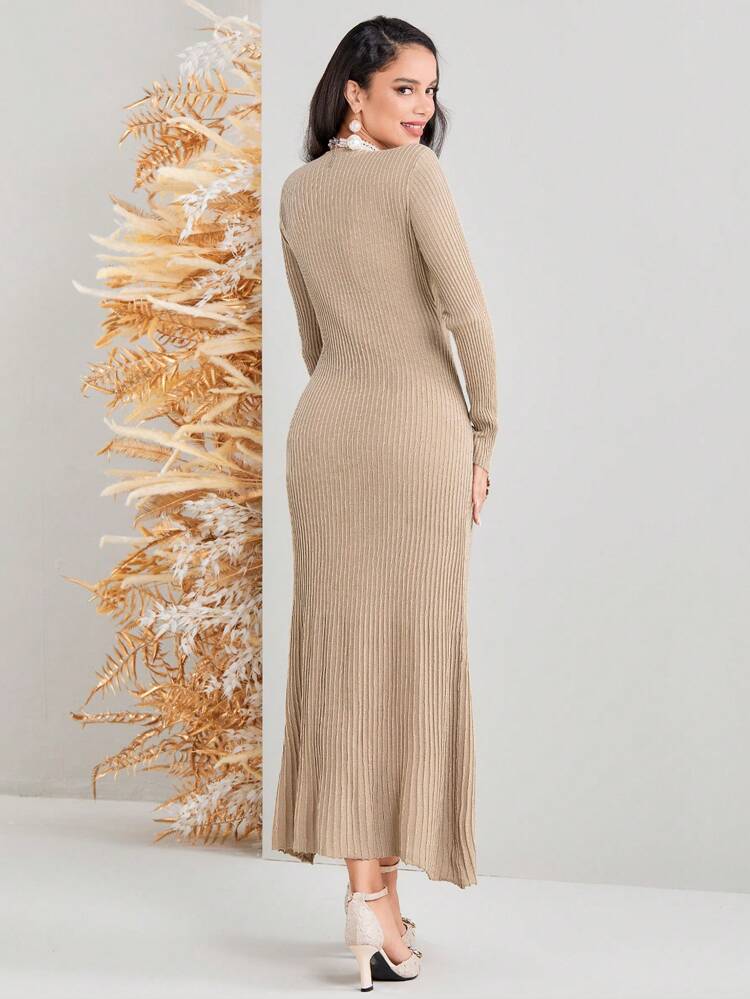 Women'S Solid Color Ribbed Knit Sweater Dress