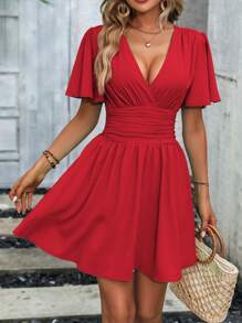 EMERY ROSE Wrap Neckline Flared Sleeve Dress For New Year Clothes - Red - View 3