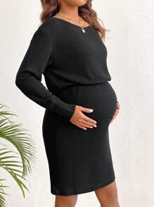 SHEIN Maternity Solid Color Round Neckline Off Shoulder Empire Waist A-Line Dress - Black - View 3