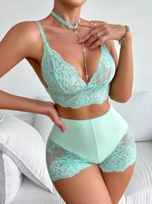SHEIN 女式蕾絲拼接內衣套裝 - 薄荷綠 - 查看 3