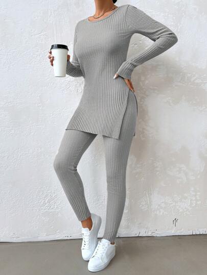 RueChic Set de două piese din bumbac, tricou cu mânecă lungă, crăpături laterale și colanți