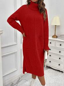SHEIN LUNE 休閒女式高領毛衣裙 - 紅色 - 查看 5