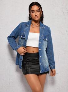 SHEIN ICON Ladies' Retro Lapel Denim Blazer Jacket - Medium Wash - View 4